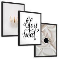 Zestaw obrazy w ramie, plakaty - makaroniki, kawa, napisy - rama czarna