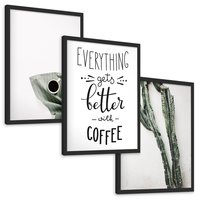 Zestaw obrazy w ramie, plakaty - kawa, kaktus, napisy - rama czarna