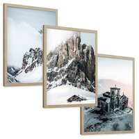 Zestaw obrazy w ramie, plakaty - góry, śnieg, zima - rama drewno