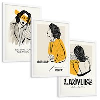 Zestaw obrazy w ramie, plakaty - kobieta, rysunek, portret - rama biała