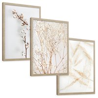 Zestaw obrazy w ramie, plakaty - kwiaty, gałązki, minimalizm - rama drewno