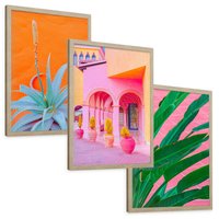 Zestaw obrazy w ramie, plakaty - rośliny, architektura, tropikalne - rama drewno