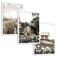 Zestaw obrazy w ramie, plakaty - wieś, natura, budynki - rama biała