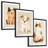 Zestaw obrazy w ramie, plakaty - zwierzęta, kot, pies - rama czarna