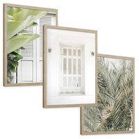 Zestaw obrazy w ramie, plakaty - liście, okno, ściana - rama drewno