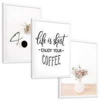 Zestaw obrazy w ramie, plakaty - kwiaty, kawa, okulary - rama biała