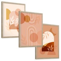 Zestaw obrazy w ramie, plakaty - abstrakcja, boho, liście - rama drewno