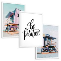 Zestaw obrazy w ramie, plakaty - plaża, budka ratownicza, morze - rama biała