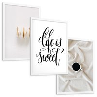 Zestaw obrazy w ramie, plakaty - makaroniki, kawa, napisy - rama biała