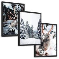 Zestaw obrazy w ramie, plakaty - renifer, zima, śnieg - rama czarna