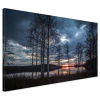 Obraz na płótnie - jezioro, drzewa, zachód słońca