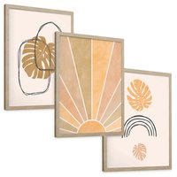 Zestaw obrazy w ramie, plakaty - liście, monstera, abstrakcja - rama drewno