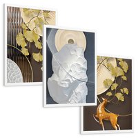 Zestaw obrazy w ramie, plakaty - złoty, liście, abstrakcja - rama biała