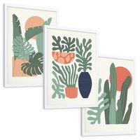 Zestaw obrazy w ramie, plakaty - liście, rośliny, abstrakcja - rama biała
