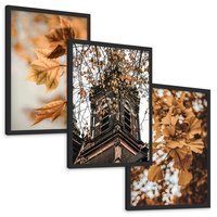 Zestaw obrazy w ramie, plakaty - liście, jesień, budynek - rama czarna