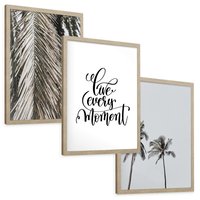Zestaw obrazy w ramie, plakaty - liście, palmy, napisy - rama drewno