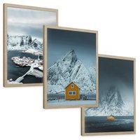Zestaw obrazy w ramie, plakaty - góry, śnieg, woda - rama drewno