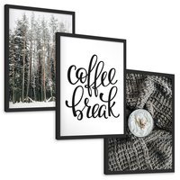 Zestaw obrazy w ramie, plakaty - zima, las, napój - rama czarna