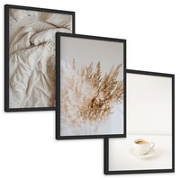 Zestaw obrazy w ramie, plakaty - beżowy, kawa, trawa - rama czarna