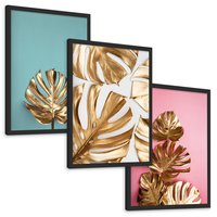 Zestaw obrazy w ramie, plakaty - liście, złoty, monstera - rama czarna