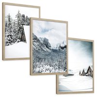 Zestaw obrazy w ramie, plakaty - zima, śnieg, góry - rama drewno