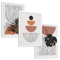 Zestaw obrazy w ramie, plakaty - abstrakcja, liście, minimalizm - rama biała