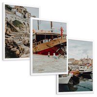 Zestaw obrazy w ramie, plakaty - miasto, port, morze - rama biała