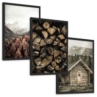 Zestaw obrazy w ramie, plakaty - góry, drewno, las - rama czarna