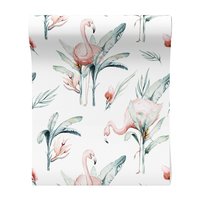 Tapeta - flamingo, liście, kwiaty