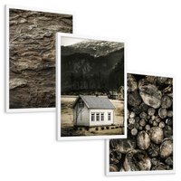 Zestaw obrazy w ramie, plakaty - dom, natura, drewno - rama biała
