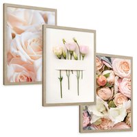 Zestaw obrazy w ramie, plakaty - kwiaty, róże, pastelowe - rama drewno