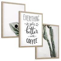 Zestaw obrazy w ramie, plakaty - kawa, kaktus, napisy - rama drewno