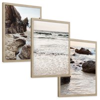 Zestaw obrazy w ramie, plakaty - plaża, morze, skały - rama drewno