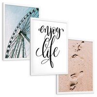 Zestaw obrazy w ramie, plakaty - wakacje, plaża, piasek - rama biała