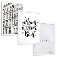 Zestaw obrazy w ramie, plakaty - budynek,typografia,koło - rama biała