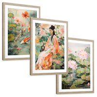 Zestaw obrazy w ramie, plakaty - kwiaty lotosu, ryby koi, azjatycka kobieta - rama drewno