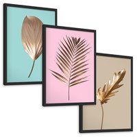 Zestaw obrazy w ramie, plakaty - liście, złoto, roślina - rama czarna
