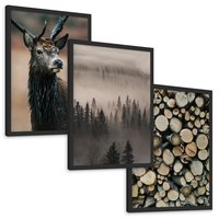 Zestaw obrazy w ramie, plakaty - las, drewno, natura - rama czarna