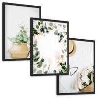 Zestaw obrazy w ramie, plakaty - kwiaty, liście, eukaliptus - rama czarna
