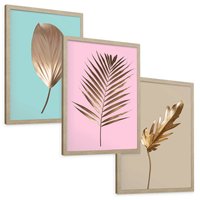 Zestaw obrazy w ramie, plakaty - liście, złoto, roślina - rama drewno