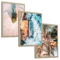Zestaw obrazy w ramie, plakaty - ananas, plaża, kokosy - rama drewno