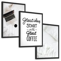 Zestaw obrazy w ramie, plakaty - minimalizm, kawa, laptop - rama czarna