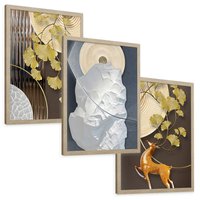 Zestaw obrazy w ramie, plakaty - złoty, liście, abstrakcja - rama drewno