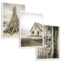 Zestaw obrazy w ramie, plakaty - vintage, dom, drewno - rama biała