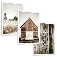 Zestaw obrazy w ramie, plakaty - wieś, dom, drewno - rama biała