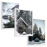 Zestaw obrazy w ramie, plakaty - zima, śnieg, krajobraz - rama biała