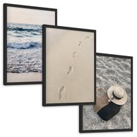 Zestaw obrazy w ramie, plakaty - plaża, morze, piasek - rama czarna
